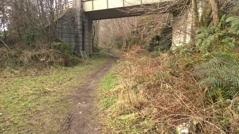 Footpath along former railway line, passing under a bridge