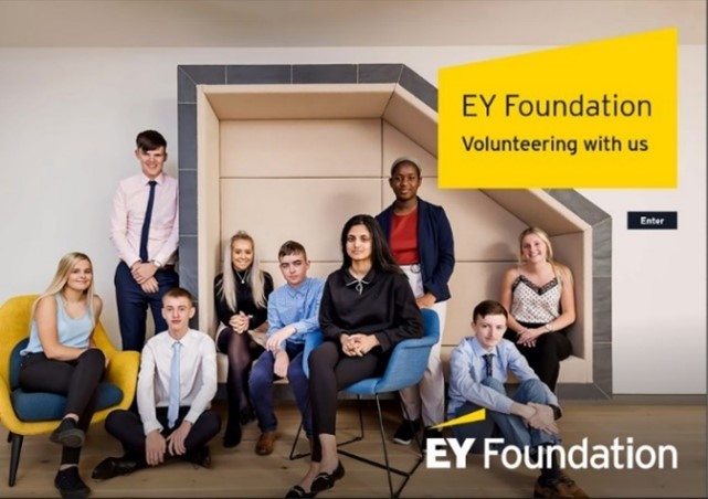 A group photograph of young professionals with tagline 'EY Foundation - Volunteering with us'