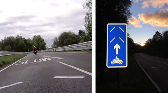 PRIME road marking (left) and PRIME road sign (right). The road sign shows a motorcycle icon, with an arrow pointing through the PRIME gateway design.