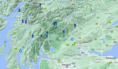 Map of Scotland showing the location of PRIMEs trial sites as described in the text above.