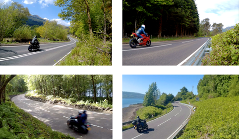 A selection of six images showing some of the left-hand and right-hand bend trials sites where PRIME road markings were installed throughout 2020 to 2022.. In all of the images a motorcyclist approaches the bend and there is Scottish highland scenery in the background.