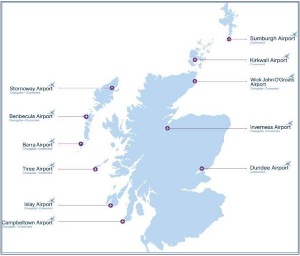 All the locations of HIAL airports marked on a map of Scotland