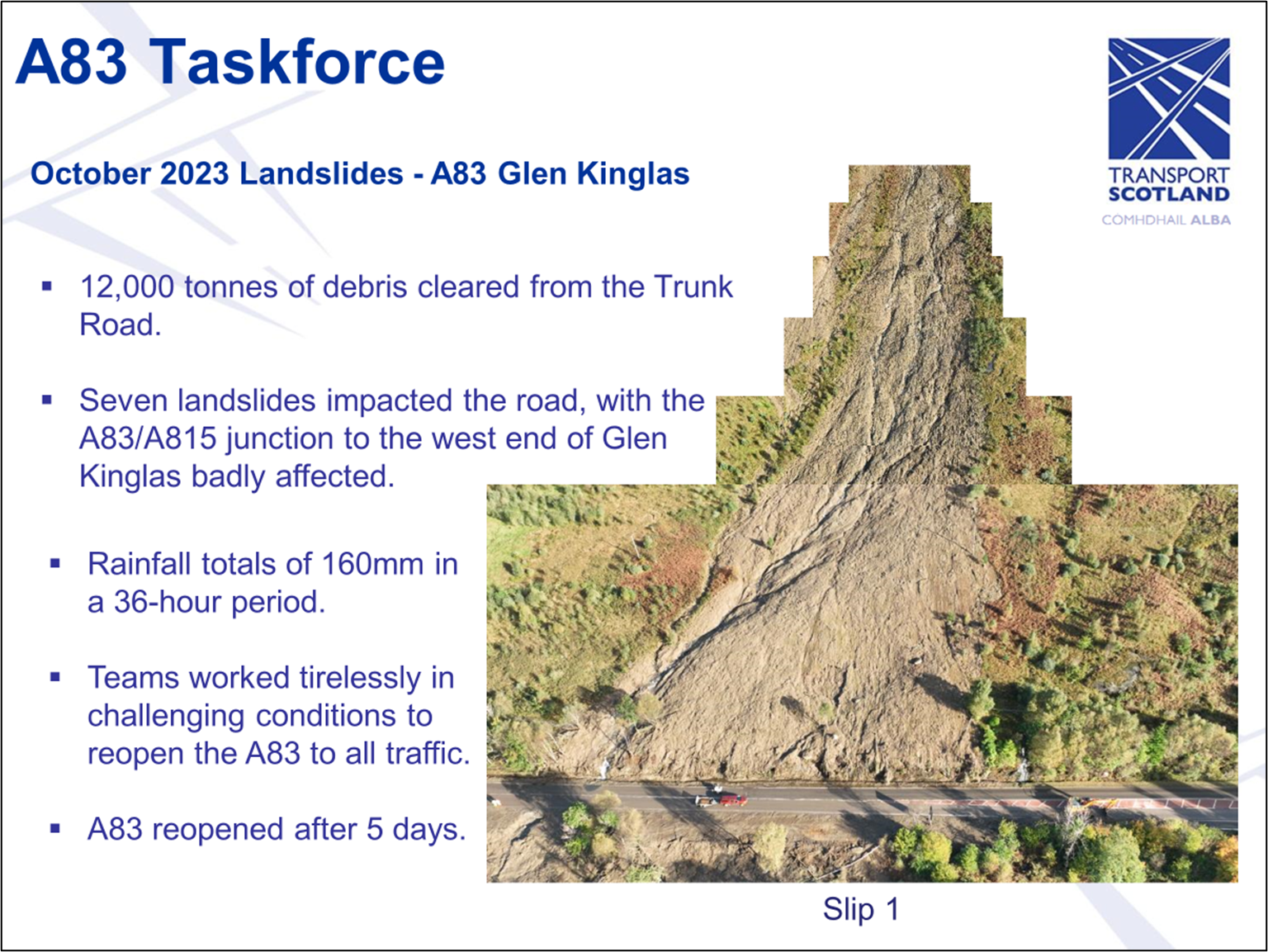 Slide 7 as described in text below. Image of A83 cleared of debris, while evidence of the landslide can be seen either side of the road.