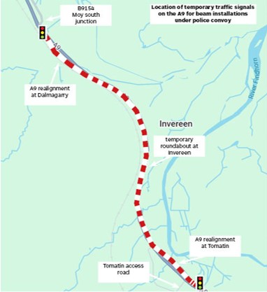 Map of the A9 between Tomatin and Moy showing the route used for bridge beam deliveries under police convoy and the locations of temporary traffic signals at Tomatin North Junction and Moy South Junction.