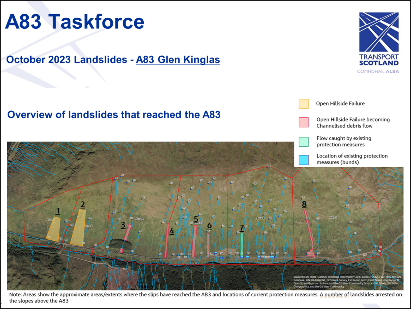 Overview of landslides that reached the A83 and the four categories they fell into: Open hillside failure. Open hillside failure becoming channelised debris flow. Flow caught by existing protection measures. Location of existing protection measures (bunds).