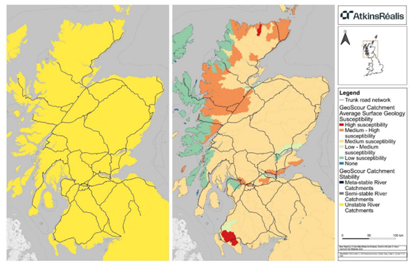 British Geographical Society GeoScour datasets demonstrating catchment stability across Scotland and surface geology susceptible to scour events. Shows an overall, high likelihood of river scour across the TRN in the 2050s is derived from the susceptibility of the TRN to scour due to its location in catchments with characteristics which are susceptible to river scour