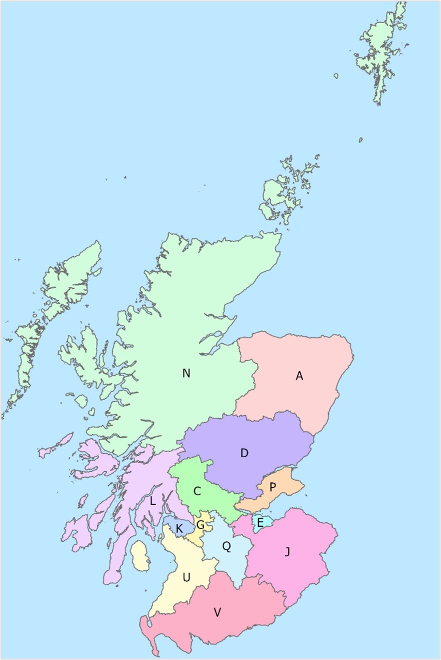 Map 1: Map showing 13 Police Scotland Divisions. As illustrated in the adjoining table, the ‘North’ area is made up of ‘A’, ‘D’ and ‘N’ Divisions. The ‘East’ area is made up of ‘C’, ‘E’, ‘J’ and ‘P’ Divisions. The ‘West’ area is made up of ‘G’, ‘K’, ‘L’. ‘Q’, ‘U’ and ‘V’ Divisions.