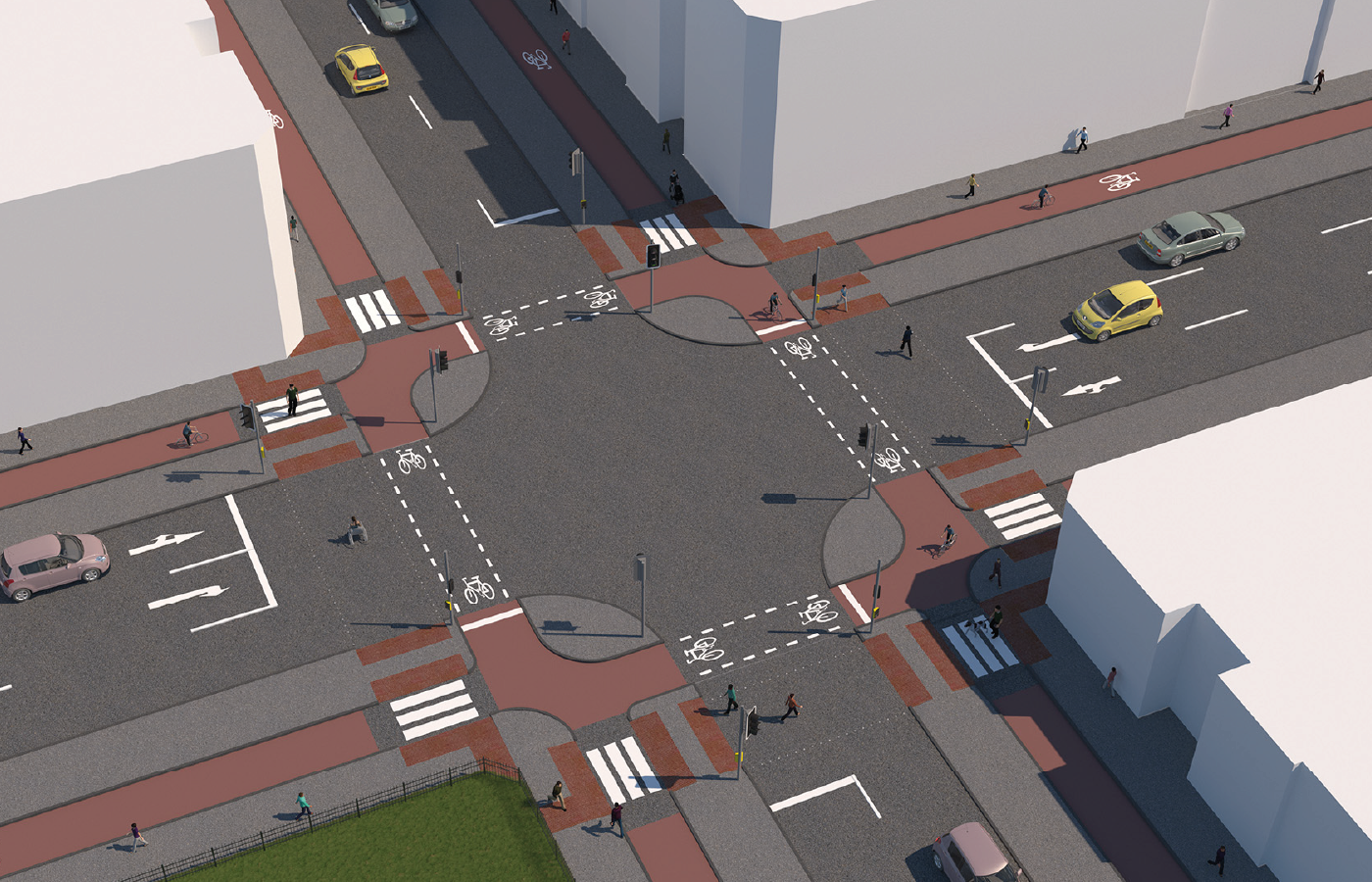 Figure 5.12: Protected signal-controlled junction layout with Zebra crossing of cycle track (3D), as described in previous text