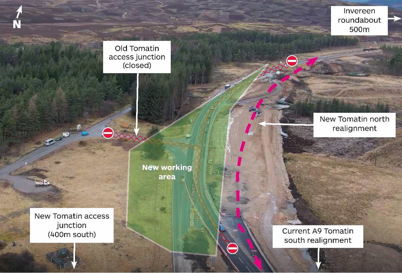 Aerial view of the route of the realignment, slightly to the East of the A9.