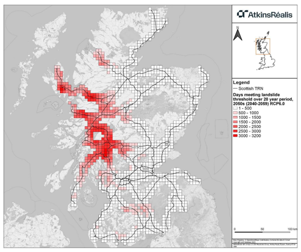 Number of days meeting landslide threshold (days above 64mm rainfall with 24-hour rainfall + 12 days antecedent rainfall) in proximity to the Scottish TRN in the mid-century (2050s) for RCP6.0.shows an overall, high likelihood of landslides across the TRN in the 2050s is derived from the UKCP18 projections of rainfall and antecedent rainfall.