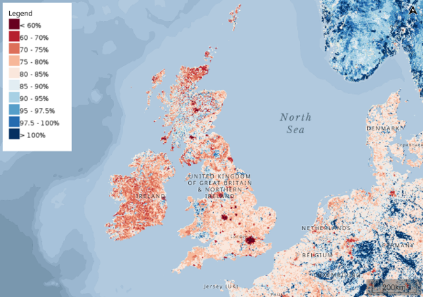 A map of British Isles showing the average abundance of originally-present species relative to their abundance in an intact ecosystem. The lowest biodiversity intactness is indicated around London and other large cities. Very few areas with high biodiversity intactness are apparent, mostly in Wales, Northern England and parts of northern Scotland.