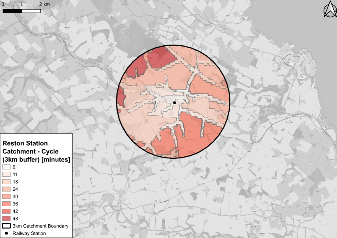 Figure 74: Isochrone map showing travel times by cycling from census output areas to Reston Railway Station - as described in previous text