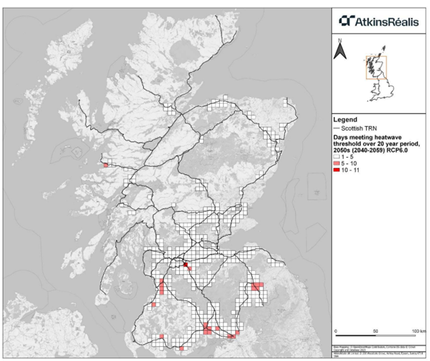 Figure 3: Number of days meeting heatwave threshold (days above 30°C) in proximity to the Scottish TRN in the mid-century (2050s) for RCP6.0.Figure 3 shows an overall, rare annual likelihood of extreme heat across the TRN in the 2050s is derived from the UKCP18 projections of days above 30°C.