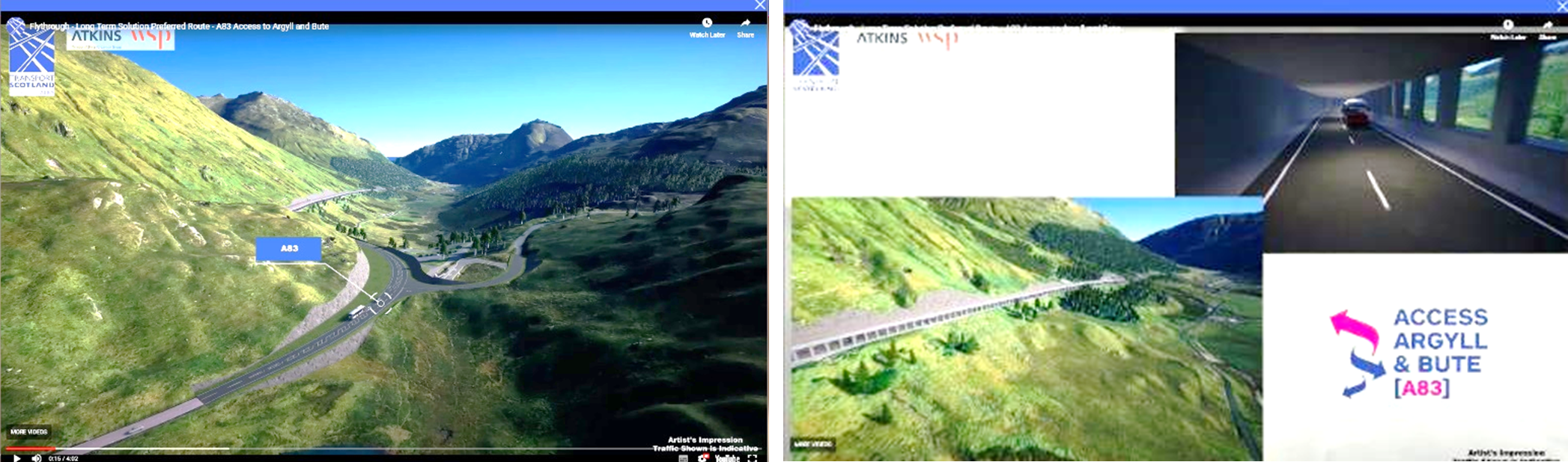 Figure 30 Examples of the simulated 'fly-through' models included within the virtual exhibition for the A83 Access to Argyll project public consultation