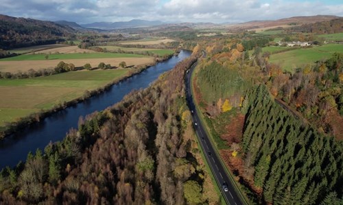 A section of the A9 passing through forest and countryside alongside a river