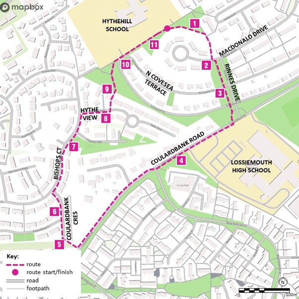 Map of the route detailed in the table below.