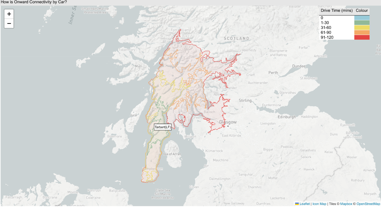 As described in text, onward journey times by car from Tarbert.