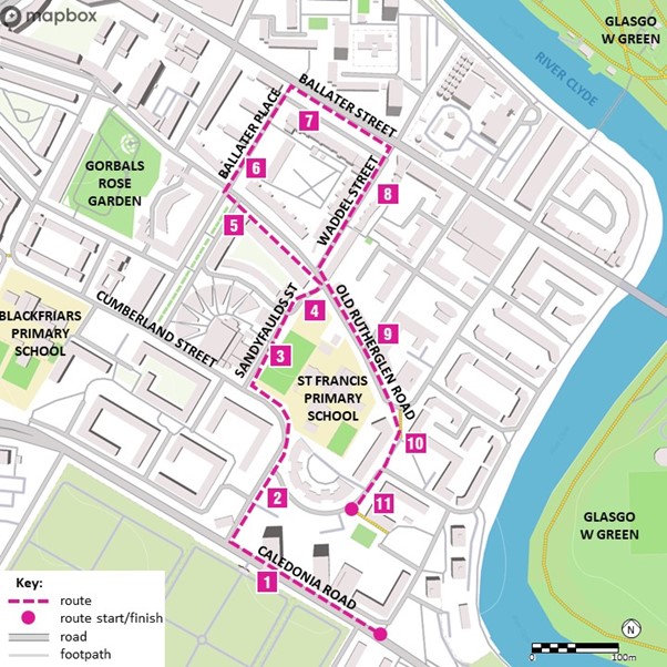 Map of the route detailed in the table below.