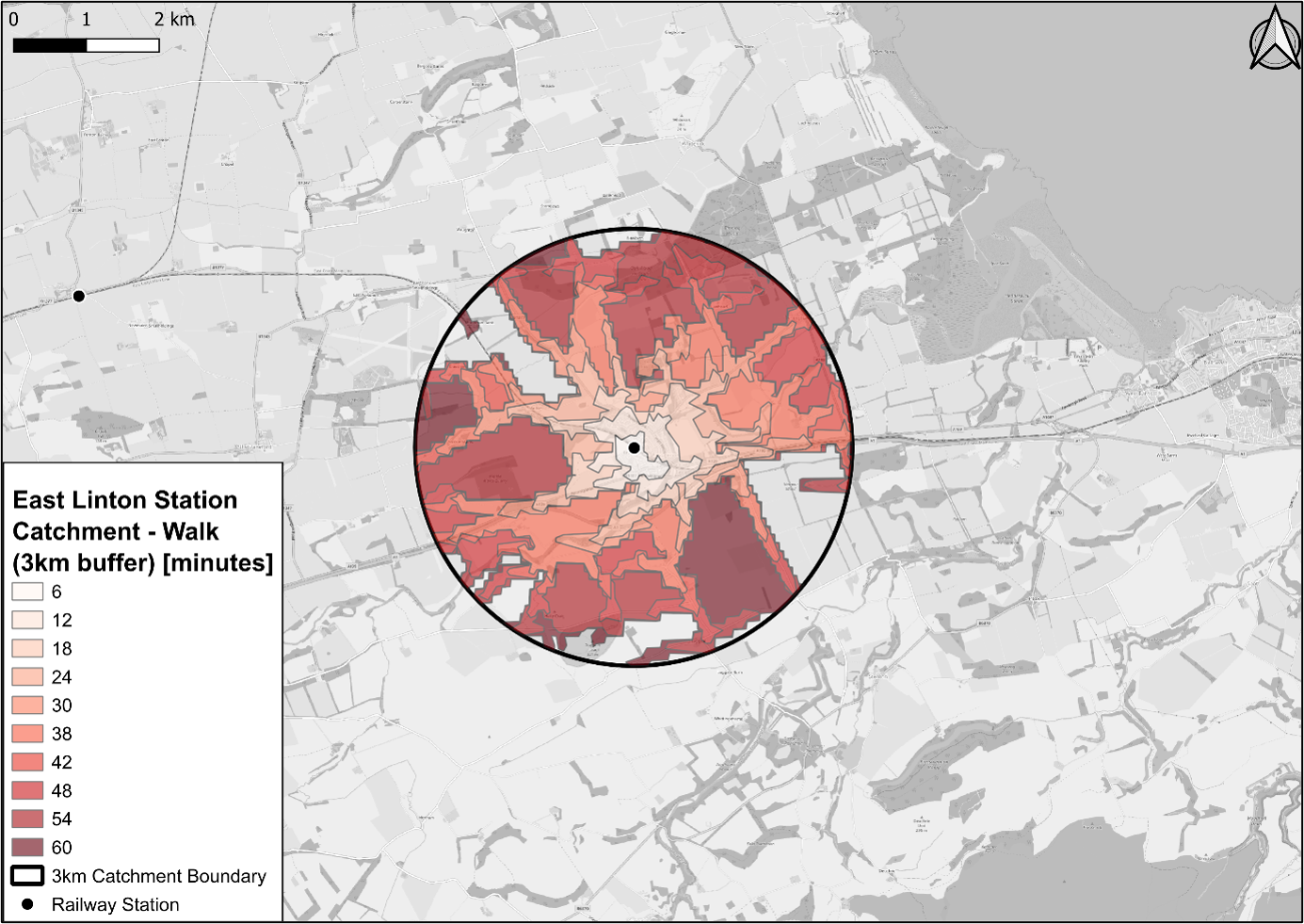 Figure 64: Isochrone map showing travel times by walking from census output areas to East Linton Railway Station - as described in previous text