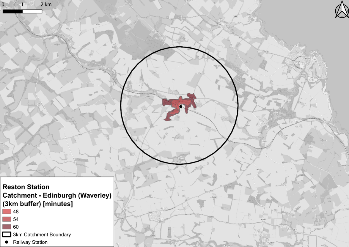 Figure 76: Isochrone map showing travel times by public transport from Edinburgh to census output areas in Reston, prior to station opening - as described in previous text