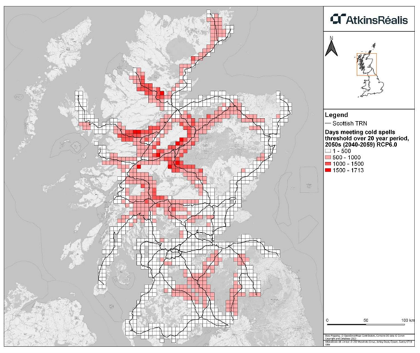 Figure 4: Number of days meeting cold spells threshold (days below 0°C with >1.2mm precipitation) in proximity to the Scottish TRN in the mid-century (2050s) for RCP6.0. Shows an overall, high annual likelihood of cold spells across the TRN in the 2050s is derived from the UKCP18 projections of days less than 0°C and greater than 1.2mm of precipitation.
