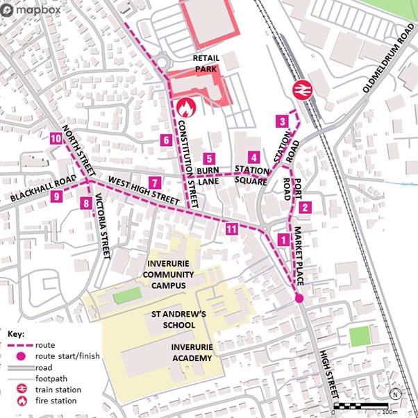 Map of the route detailed in the table below.