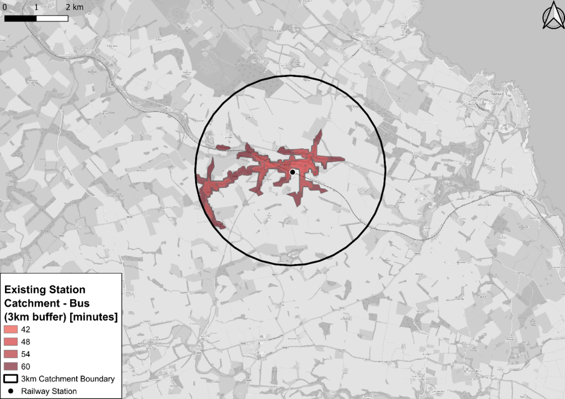Figure 72: Isochrone map showing travel times by bus from census output areas to existing stations - as described in previous text