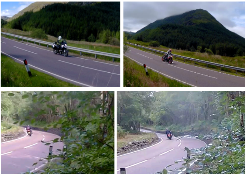 Two images on the left show riders on the road prior to PRIME markings. Two images to the right show how PRIME markings have changed rider position.