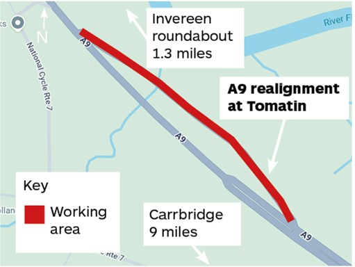 Map showing the location of the Tomatin realignment, with Invereen Roundabout 1.3 miles to the north and Carrbridge 9 miles to the south.