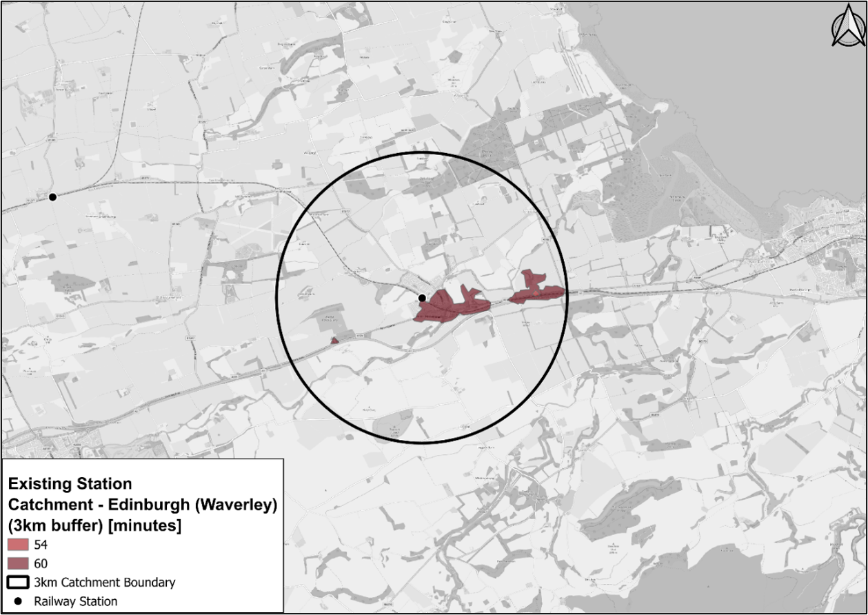 Figure 63: Isochrone map showing travel times by public transport from Edinburgh to census output areas in East Linton, prior to station opening - as described in previous text
