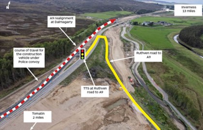 Aerial view of the Dalmagarry bridge construction site showing the route used by beam delivery vehicles to leave the site and rejoin the A9 via Ruthven Road, with temporary traffic signals controlling traffic movements.