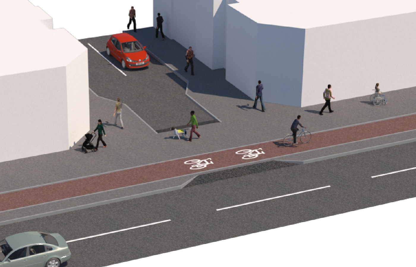 Figure 5.3: Continuous cycle track at side road layout (3D) , as described in previous text