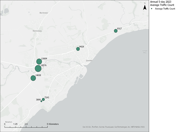 Figure 4-2: Annual Average Daily Traffic Flows (Source: Fife Council, 2023), as described in the text above