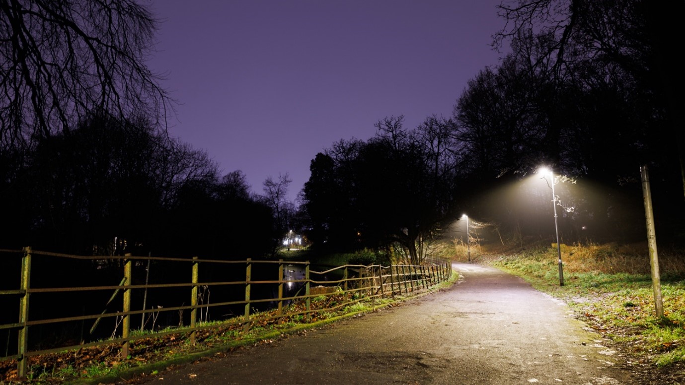 A nighttime scene of a rural pedestrian path with new lights.