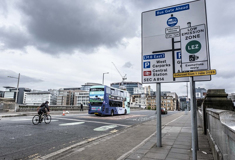A photograph showing low emission zone signage in Glasgow city centre