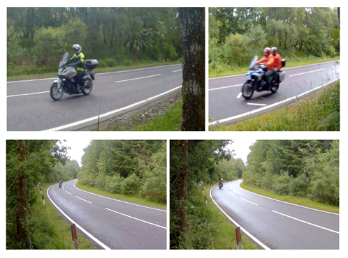 Two images on the left show riders on the road prior to PRIME markings. Two images to the right show how PRIME markings have changed rider position.