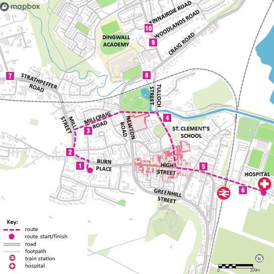 Map showing a typical street audit route connecting two schools, the local high street, the train station and the local community hospital in Dingwall.