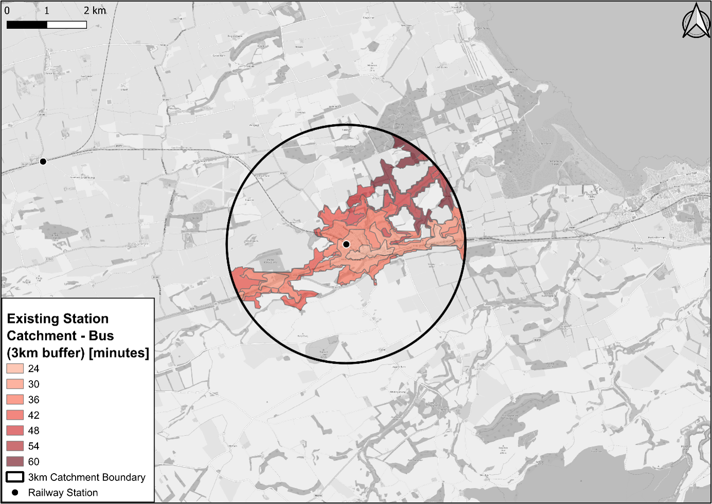 Figure 62: Isochrone map showing travel times by bus from census output areas to existing stations - as described in previous text