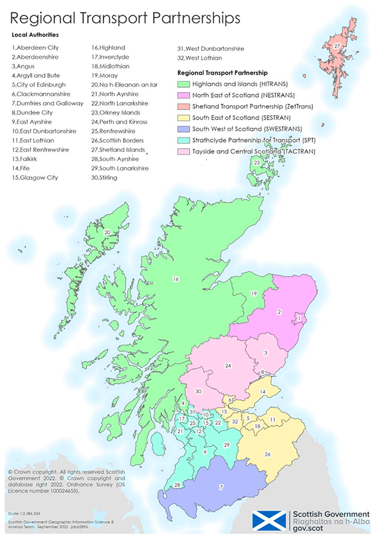 Scotland’s Local Authorities and Regional Transport Partnership areas, as explained in text above