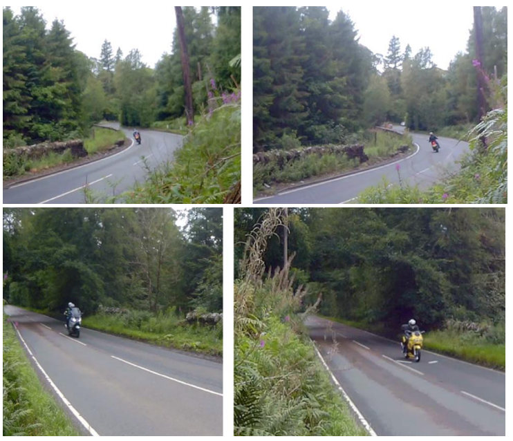 Two images on the left show riders on the road prior to PRIME markings. Two images to the right show how PRIME markings have changed rider position.