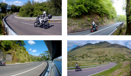 A selection of four images showing some of the left-hand and right-hand bend trials sites where PRIME road markings were installed throughout 2020 to 2022.. In all of the images a motorcyclist approaches the bend and there is Scottish highland scenery in the background.