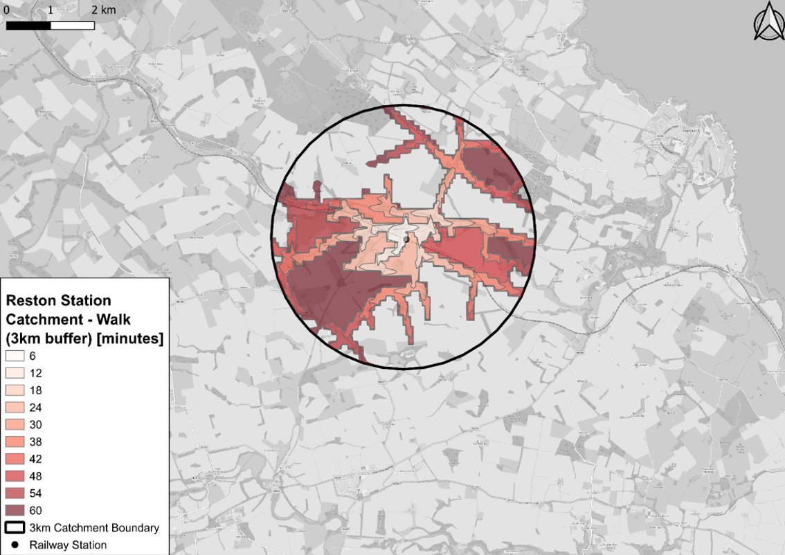 Figure 73: Isochrone map showing travel times by walking from census output areas to Reston Railway Station - as described in previous text