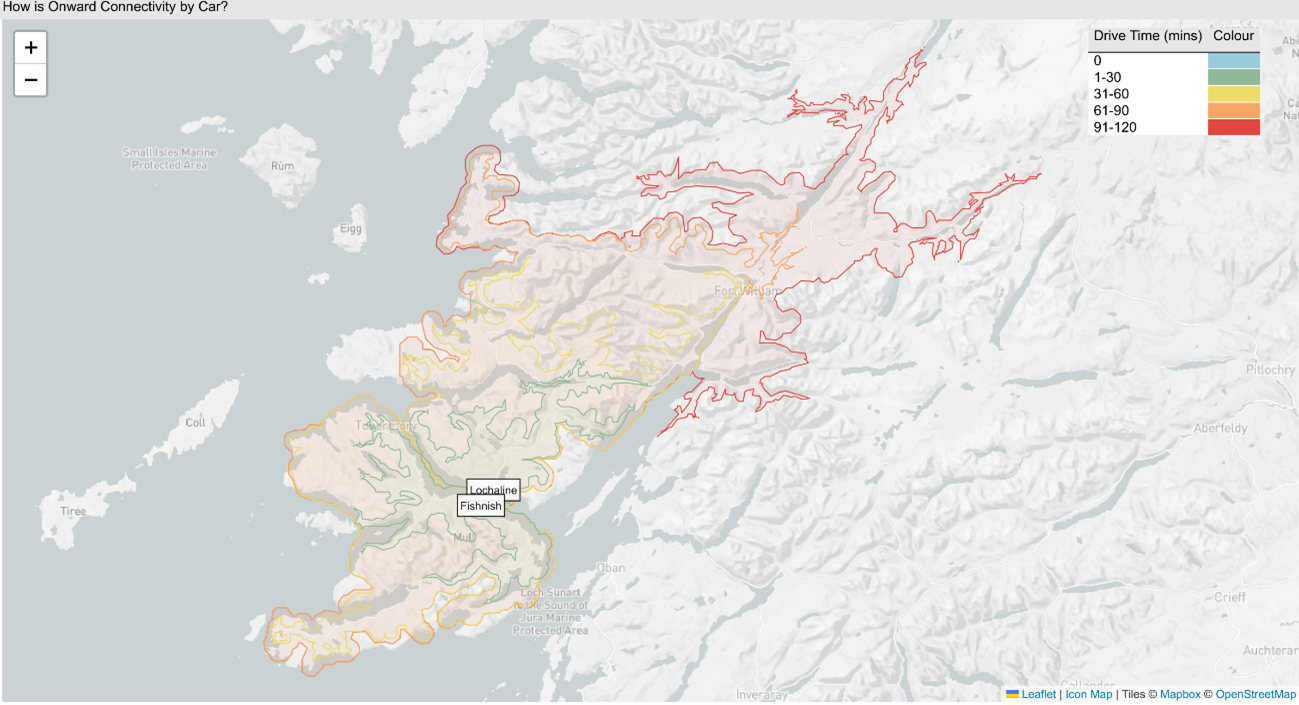Figure 9.1: Onward journey times by car from Lochaline and Fishnish, as described in text above