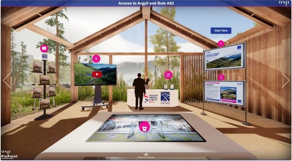 Navigation screen for the A83 Access to Argyll virtual exhibition with links to the various elements of the consultation process.