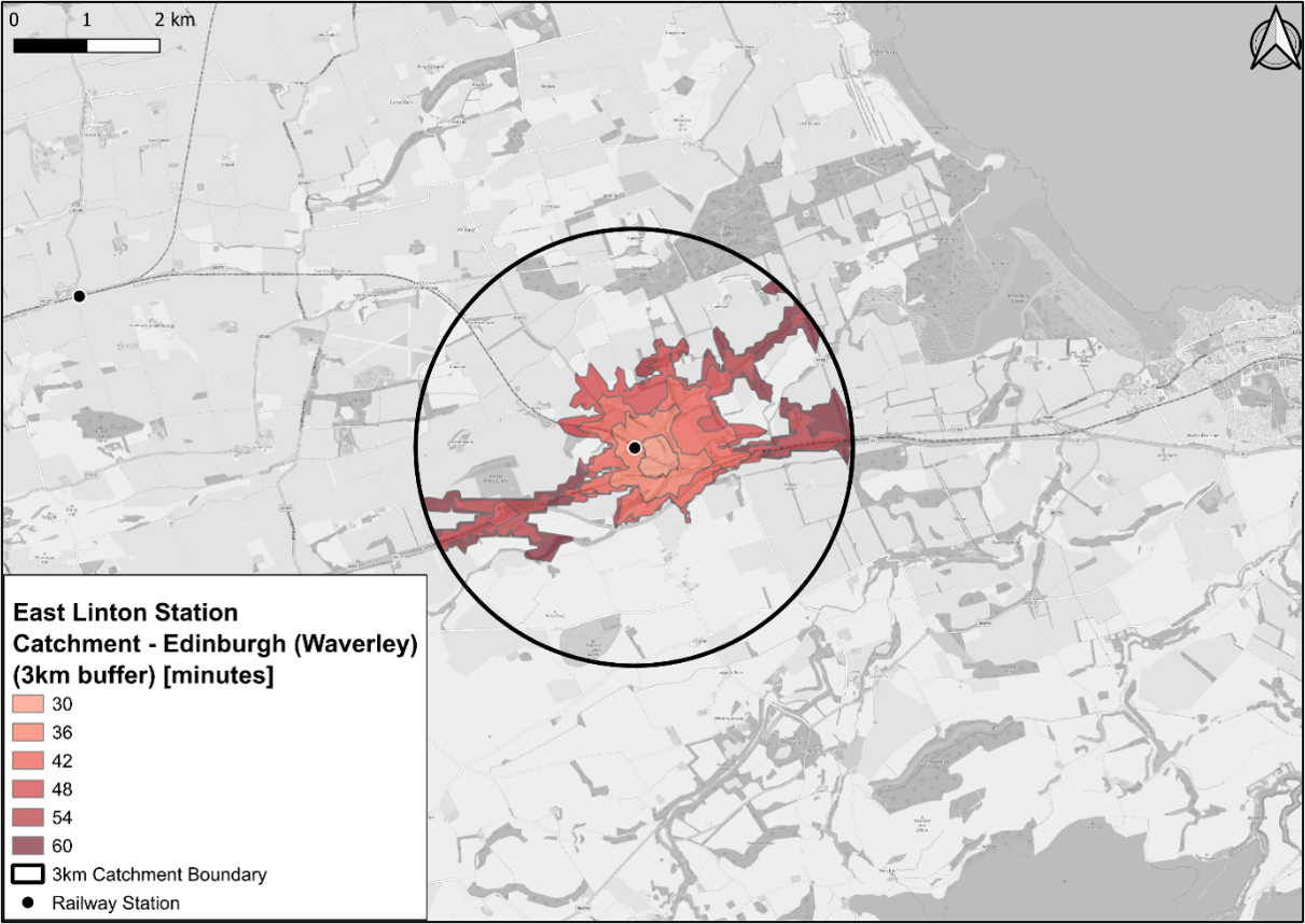 Figure 67: Isochrone map showing travel times by public transport from Edinburgh to census output areas in East Linton - as described in previous text