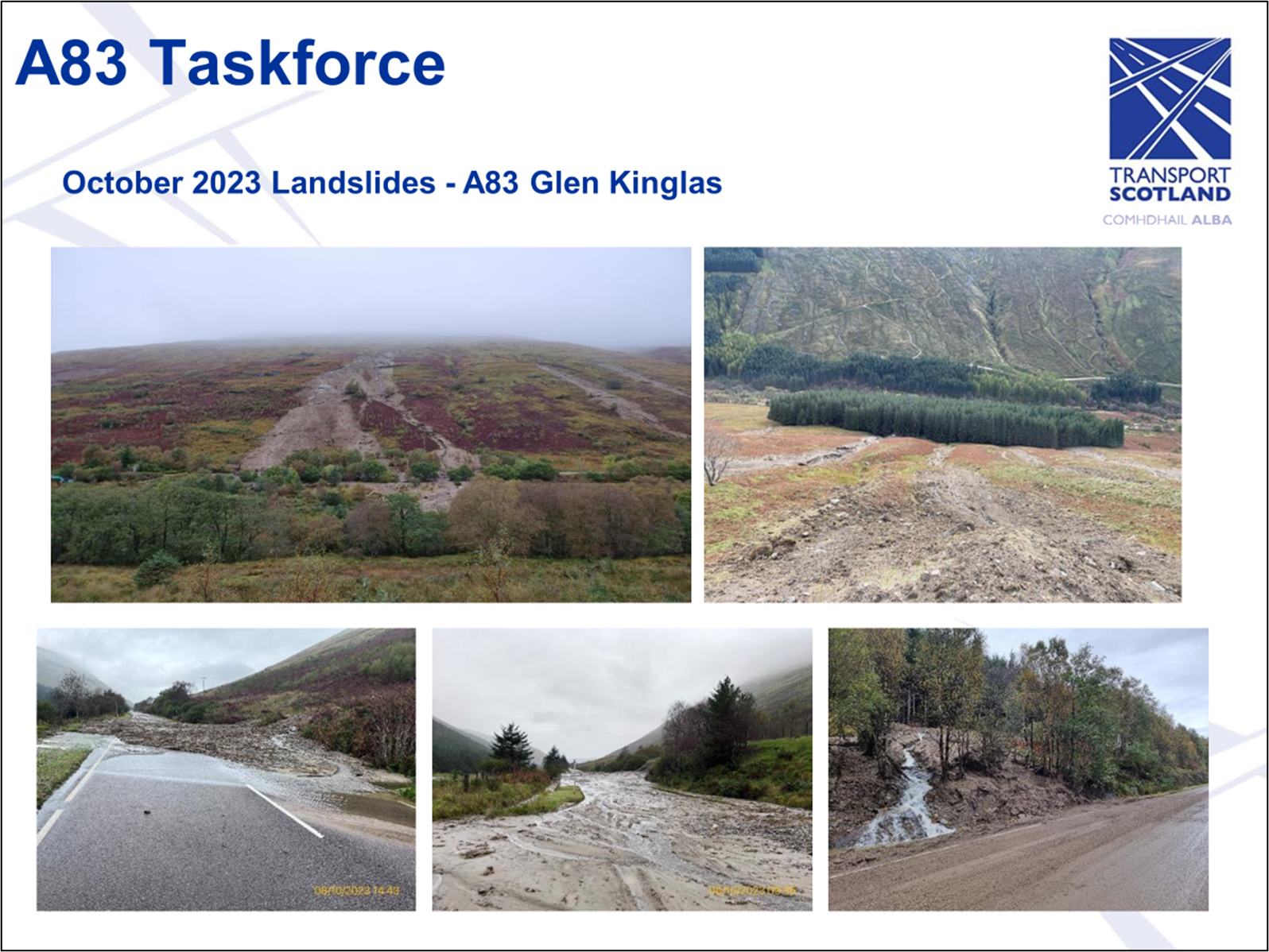 Caption: October 2023 landslides - A83 Glen Kinglas. A selection of images showing the extent of the landslides.