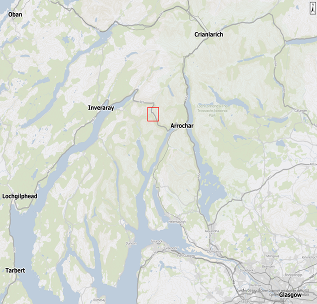 Plate 1 – Proposed Scheme Location (red inset box) & A83 in Glen Croe, as described in the text above