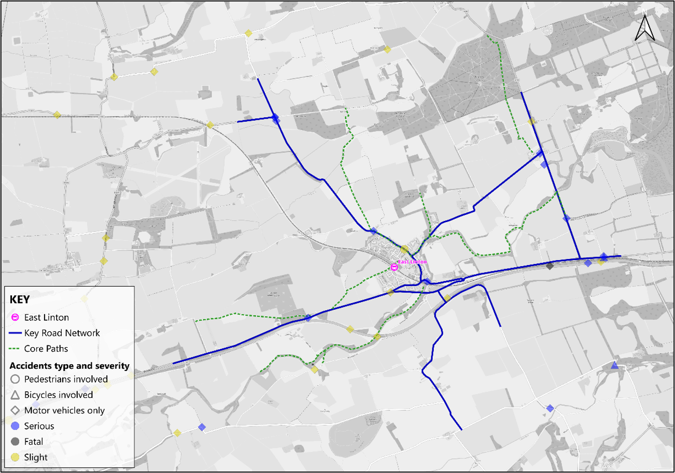 Figure 79: STATS19 Collision Data – East Linton, by accident severity and casualty - as described in previous text