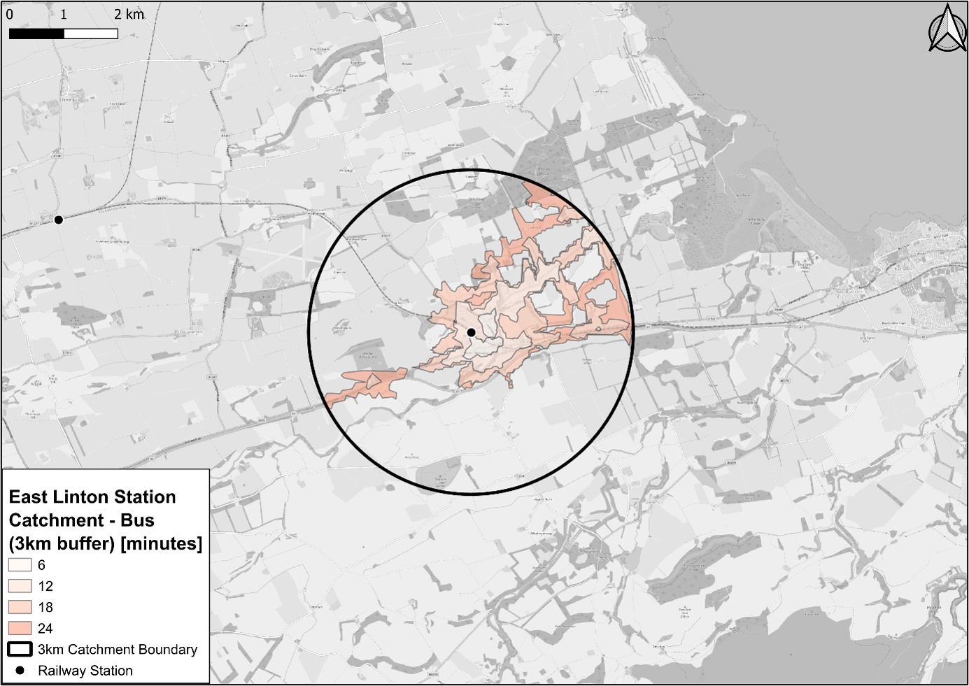 Figure 66: Isochrone map showing travel times by bus from census output areas to East Linton Railway Station - as described in previous text