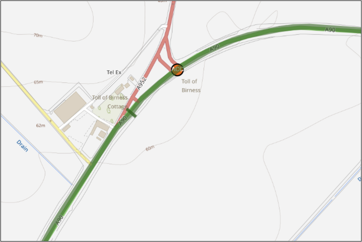 Road map showing A90 Toll of Birness